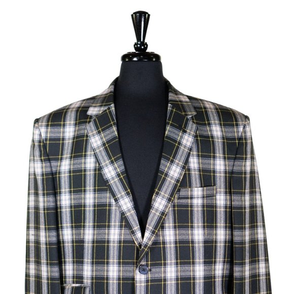 Mens Blazer Green Blue Yellow Plaid Check Formal Wool Suit Jacket Sport Coat 48R - Picture 3 of 8